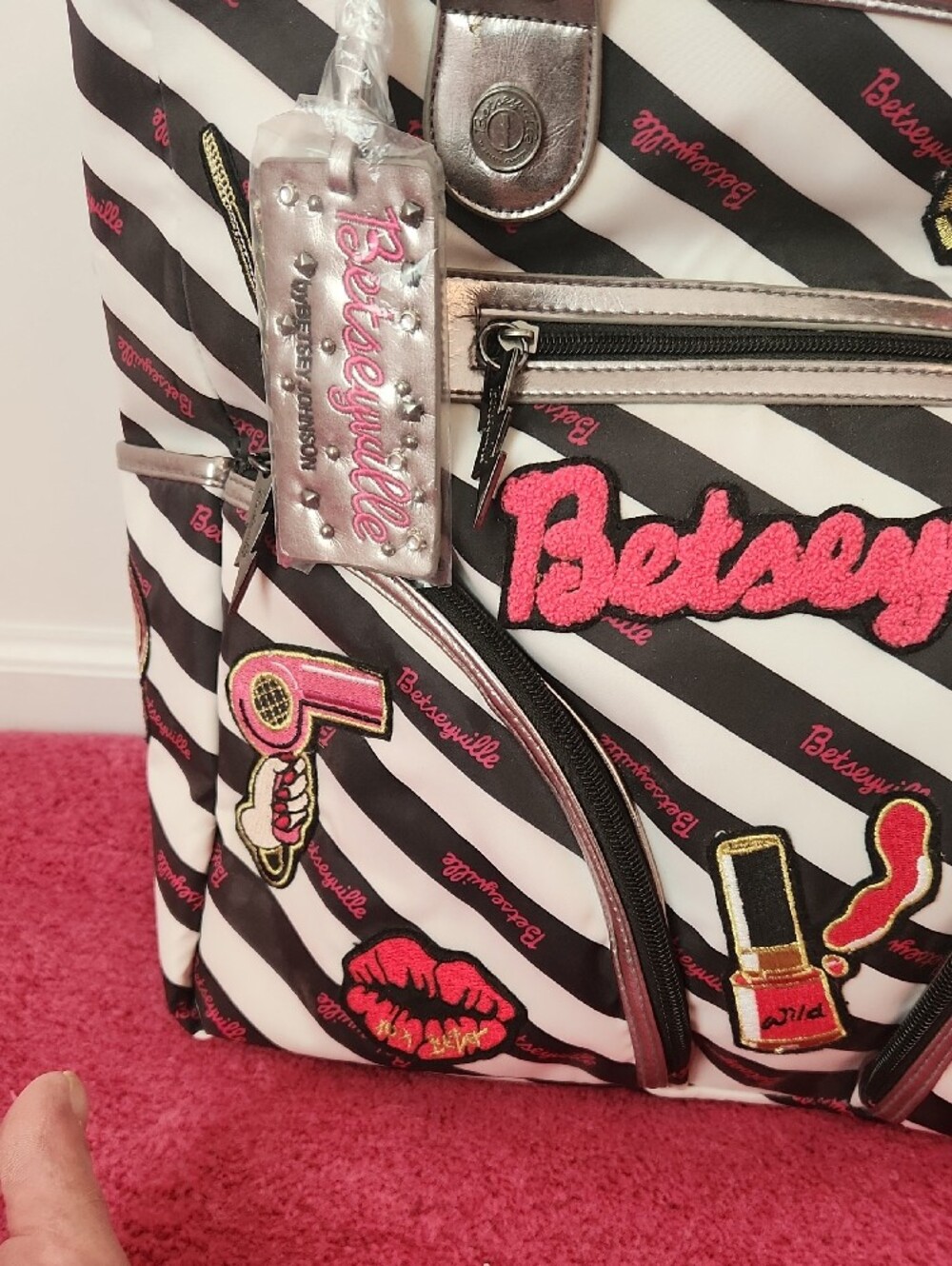 Betsey Johnson Black & White Striped Patchwork Tote with Pink Accents - Picture 3 of 7